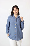 İB-077 İNDİGO PAMUK KETEN KOLU APOLETLİ İKİ CEPLİ KADIN BÜYÜK BEDEN GÖMLEK