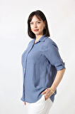 İB-077 İNDİGO PAMUK KETEN KOLU APOLETLİ İKİ CEPLİ KADIN BÜYÜK BEDEN GÖMLEK