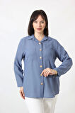 İB-077 İNDİGO PAMUK KETEN KOLU APOLETLİ İKİ CEPLİ KADIN BÜYÜK BEDEN GÖMLEK