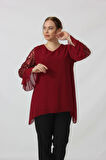 1939 Bordo Kolu Pullu Şifon Büyük Beden Şık Bluz
