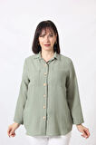 MYB-077 MİNT YEŞİLİ PAMUK KETEN KOLU APOLETLİ İKİ CEPLİ KADIN BÜYÜK BEDEN GÖMLEK