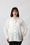 BB-077 BEYAZ PAMUK KETEN KOLU APOLETLİ İKİ CEPLİ KADIN BÜYÜK BEDEN GÖMLEK