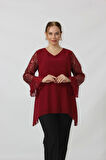 1939 Bordo Kolu Pullu Şifon Büyük Beden Şık Bluz