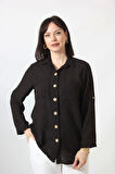 SB-077 SİYAH PAMUK KETEN KOLU APOLETLİ İKİ CEPLİ KADIN BÜYÜK BEDEN GÖMLEK