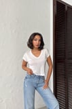 Kadın Somon V Yaka Kısa Basic T-Shirt NJ138