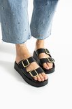 Calie Kadın Anatomik Comfort İki Bantlı Gold Detay Tokalı Esnek Yazlık Günlük Flat Sandalet Terlik