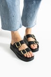 Calie Kadın Anatomik Comfort İki Bantlı Gold Detay Tokalı Esnek Yazlık Günlük Flat Sandalet Terlik