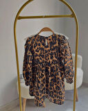 Leopar Desenli Kahverengi Dantel Yaka Elbise 