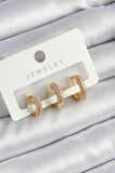 Pirinç Zirkon Taşlı Yıldız Model Gold Renk 3'lü Çift Kadın Küpe Set - TJ-BKP10836