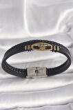 316L Çelik Gold Renk Gemi Dümen Figür Siyah Renk Çift Sıra Burgu Desenli Deri Kordon Erkek Bileklik - TJ-EB3706