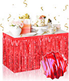 Kendinden Yapışkanlı Kırmızı Metalize Püsküllü Masa Eteği – 75 x 275 cm Parti Süslemesi