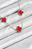 316L Çelik Zincir Gümüş Kırmızı Renk Yonca Kadın Kolye - TJ-BKO10586
