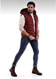 Erkek Bordo Çıkabilir Fermuarlı Kapüşon Günlük Spor Şişme Yelek