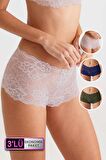 Pierre Cardin Ekru, Kırmızı, Siyah Lace Short Yüksek Bel Dantelli Kadın Boxer 3 Lü Külot