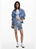 Desigual Yüksek Bel Normal Mavi Kadın Denim Şort 25SWDD24