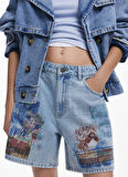 Desigual Yüksek Bel Normal Mavi Kadın Denim Şort 25SWDD24