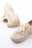 3002  Bej Bağcıklı Fileli Taş Aksesuarlı Günlük Spor Ayakkabı