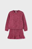 Kız Çocuk Saç Örgüsü Desenli Etekli Triko Takım - Vişne | 8 Yaş