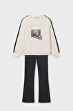 Kız Çocuk Baskılı Sweatshirt ve İspanyol Paça Taytlı Takım - Siyah/Krem | 16 Yaş