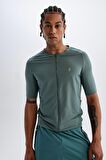 DeFactoFit Slim Fit Dar Kesim Bisiklet Yaka Fermuarlı Ağır Kumaş Sporcu Kısa Kollu Tişört B5144AX24SPGN1191