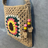 Uretti - Emine 9106 El Örgüsü Ahşap Boncuk Detaylı Mandala Model Omuz Çantası
