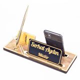 Leona Gold Kalemli Telefonluklu Ahşap Masa İsimliği Ağaç Desenli Hediye Ofis Masa üstü İsimlik