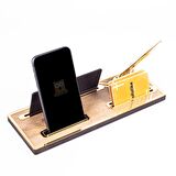 Leona Gold Kalemli Telefonluklu Ahşap Masa İsimliği Ağaç Desenli Hediye Ofis Masa üstü İsimlik