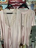 NEHİR 2036  Pudra Hamile Lohusa 3Lü Pijama Sabahlık Takım