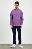 Erkek Kanguru Cepli Rahat Kalıp Kapüşonlu Spor Sweatshirt Mor