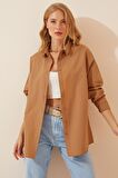 Kadın Camel Oversize Uzun Basic Gömlek  HZL22W-BD139001