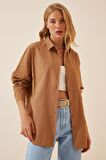 Kadın Camel Oversize Uzun Basic Gömlek  HZL22W-BD139001