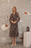 Şifon Kumaş Leopar Desen Kadın Elbise-Kahve