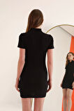 Kaşkorse Kumaş Polo Yaka Kadın Elbise-Siyah