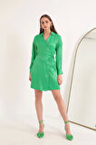 Saten Kumaş Anvelop Bağlama Detay Kadın Elbise-Yeşil