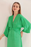 Saten Kumaş Önü Burgulu Kadın Elbise-Yeşil