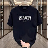 Varsity Baskılı Siyah Oversize Erkek Tshirt