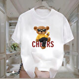 Cheers Bear Baskılı Beyaz Oversize Erkek Tshirt