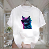 Mor Kedi Baskılı Beyaz Oversize Erkek Tshirt
