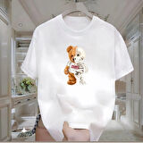 Skeleton Bear Baskılı Beyaz Oversize Erkek Tshirt