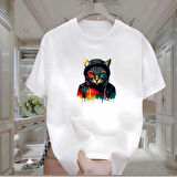 Black Cat Baskılı Beyaz Oversize Erkek Tshirt