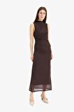 Bodycon Vücudu Saran Yarım Balıkçı Yaka Basic Düz Tül Kolsuz Maxi Elbise
