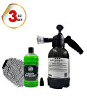 IRON CHEMICAL Köpük ve Kimyasal Pompası 2L, Cilalı Şampuan 1L & Mikrofiber Yıkama Eldiveni 3'lü Set | Araç Bakım Seti
