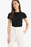 DeFacto Fitted Bisiklet Yaka Basic Düz Fitilli Kaşkorse Kısa Kollu Siyah Tişört K7064AZ25SMBK81