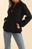 Siyah Fermuarlı Kışlık Oversize Sweat Hırka