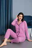 Kadın %100 Pamuk Uzun kol Önden Düğmeli Pijama Takım
