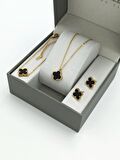 3'lü Çelik Çift Taraflı Sedefli Yonca Kolye Set Van Cleef Model Kolye Küpe Bileklik Set 