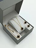 3'lü Çelik Çift Taraflı Sedefli Yonca Kolye Set Van Cleef Model Kolye Küpe Bileklik Set 