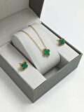 2'li Çelik Çift Taraflı Sedefli Yonca Kolye Set Van Cleef Model Kolye Küpe Set 