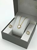 2'li Çelik Çift Taraflı Sedefli Yonca Kolye Set Van Cleef Model Kolye Küpe Set 