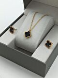 2'li Çelik Çift Taraflı Sedefli Yonca Kolye Set Van Cleef Model Kolye Küpe Set 